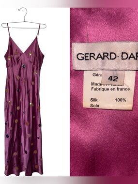 Gerard Darel Magenta Silk Slip Maxi Dress with  Sequin Dots